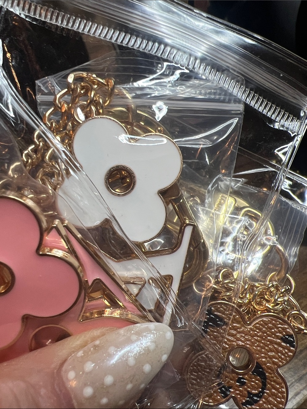 Gold Plated Flower Charm Keychain - White & Pink